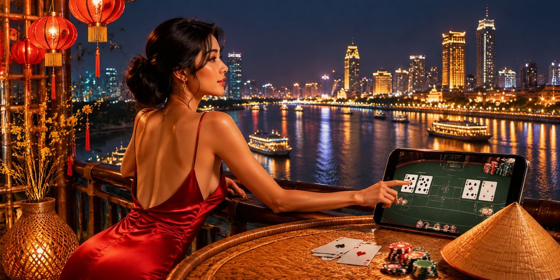 Người chơi baccarat phong cách Mekong với nón lá truyền thống tại sòng bài trực tuyến